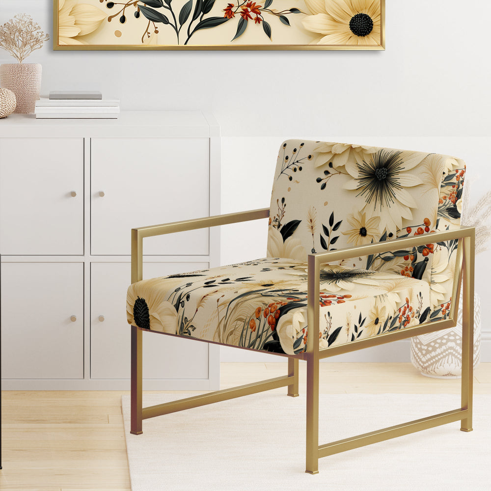 Black And Beige Flowers Chrysanthemums Pattern - Upholstered Cottage Accent Chairs