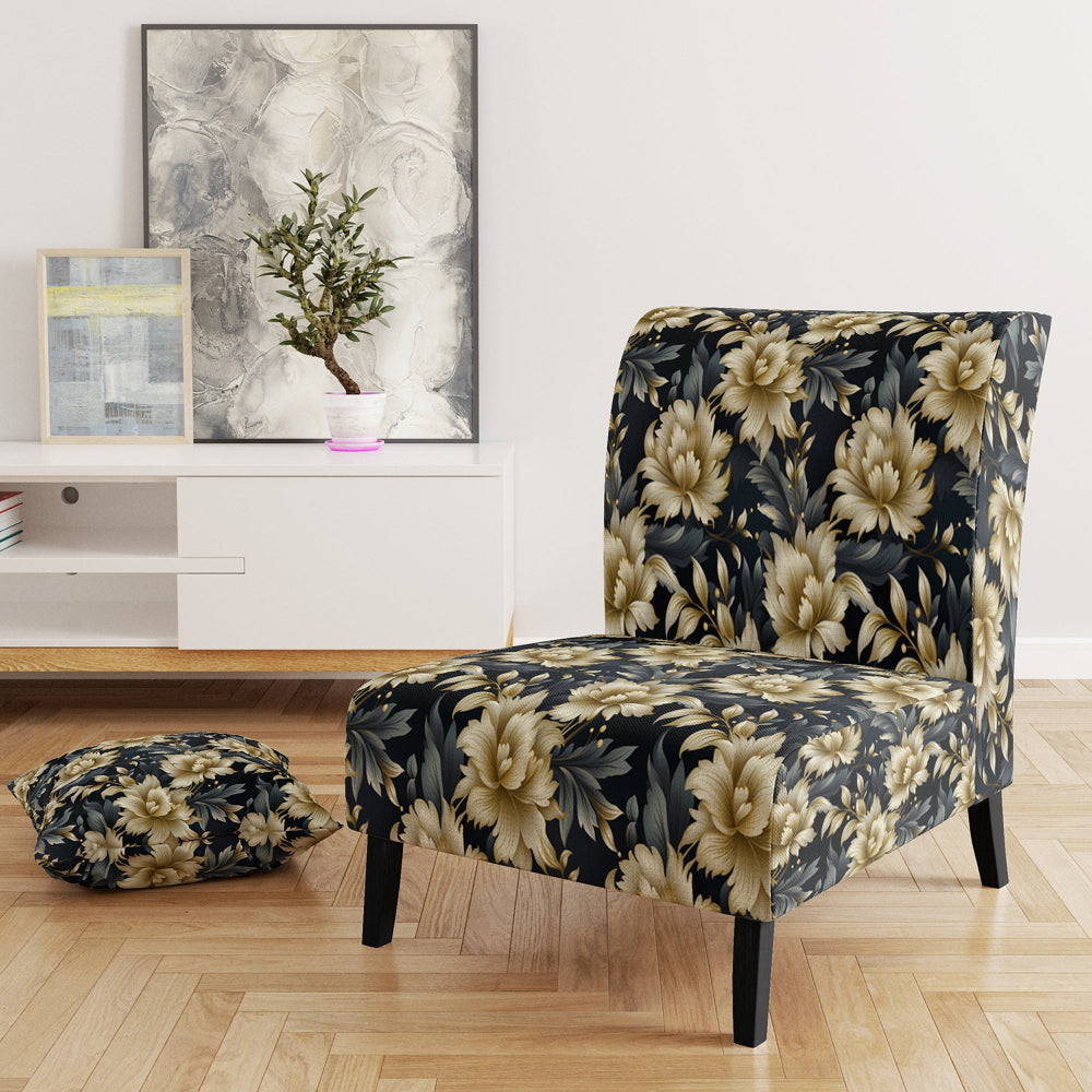Black And Beige Damask Flower Opulence - Bohemian Accent Side Chair
