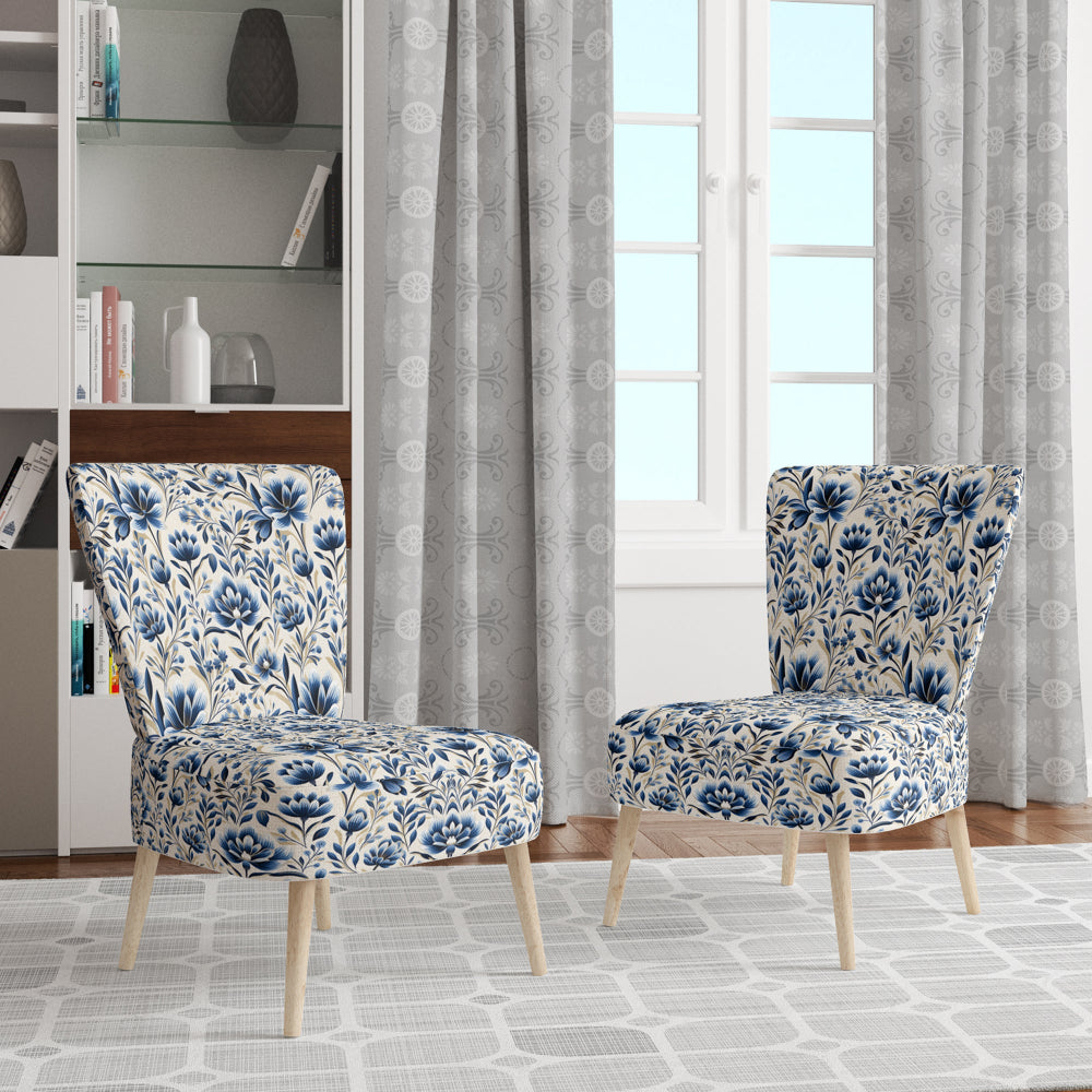 Blue And White Damask Flower - Cottage Accent Side Chair