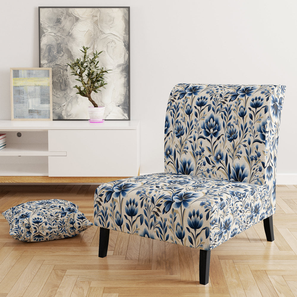 Blue And White Damask Flower - Cottage Accent Side Chair