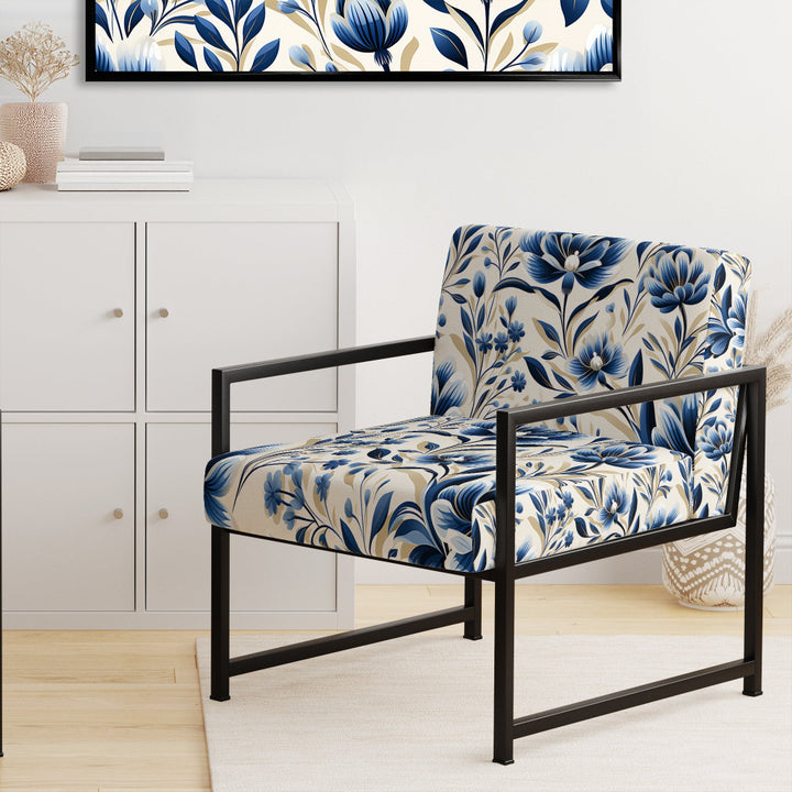 Blue And White Damask Flower - Cottage Accent Side Chair