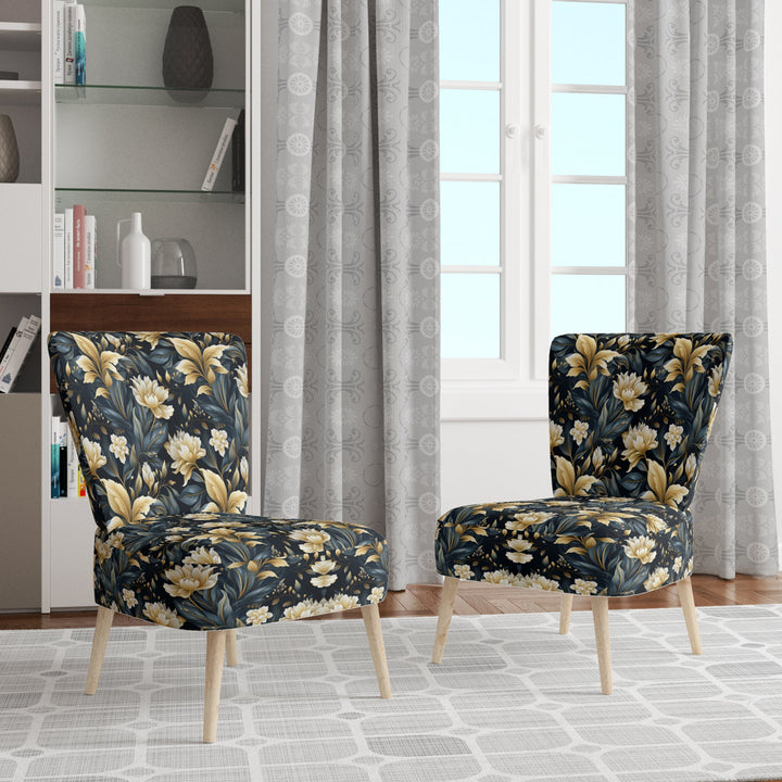 Beige And Blue Dahlia Retreat - Cottage Arm Chair