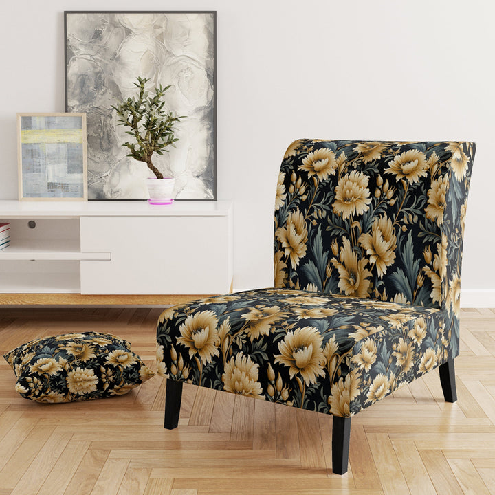 Beige And Blue Ornate Damask Peonies Opulence - Cottage Accent Slipper Chair