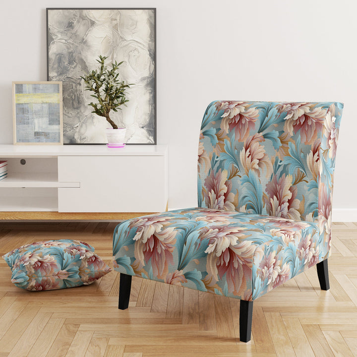 Pink And Blue Damask Flowering - Bohemian Accent Side Chair