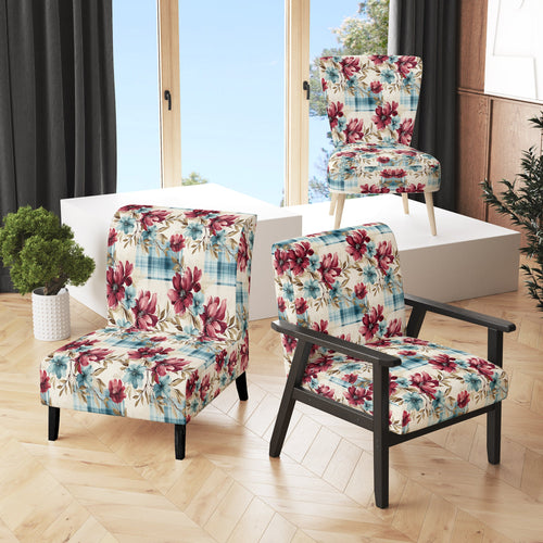 Bohemian Pink And Blue Plaid Flower Pattern - Upholstered Vintage Accent Chairs