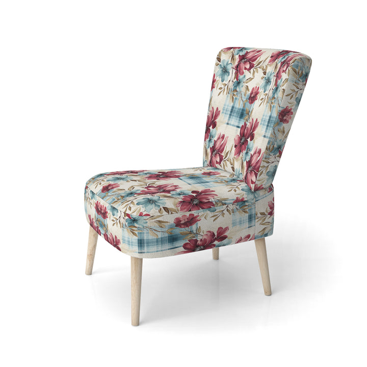 Bohemian Pink And Blue Plaid Flower Pattern - Upholstered Vintage Accent Chairs