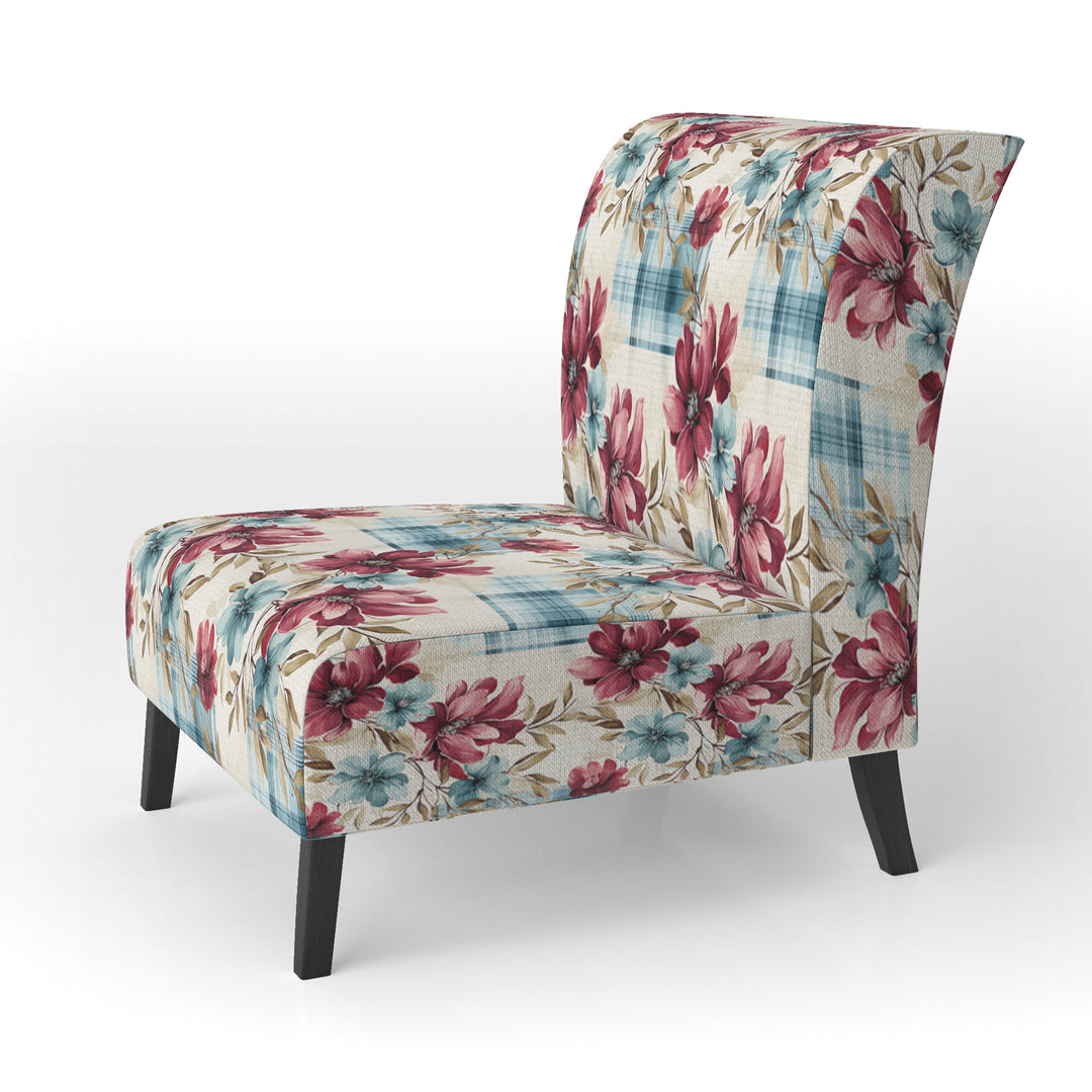 Bohemian Pink And Blue Plaid Flower Pattern - Upholstered Vintage Accent Chairs