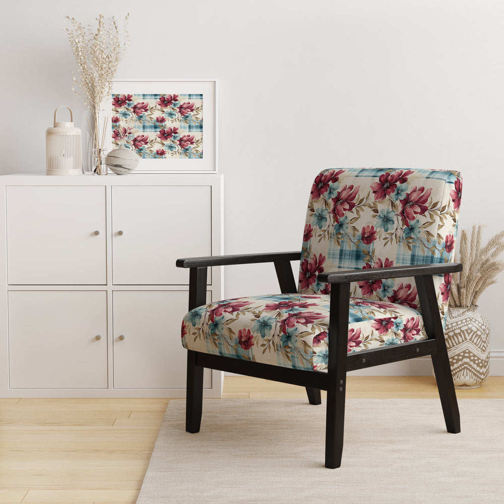 Bohemian Pink And Blue Plaid Flower Pattern - Upholstered Vintage Accent Chairs