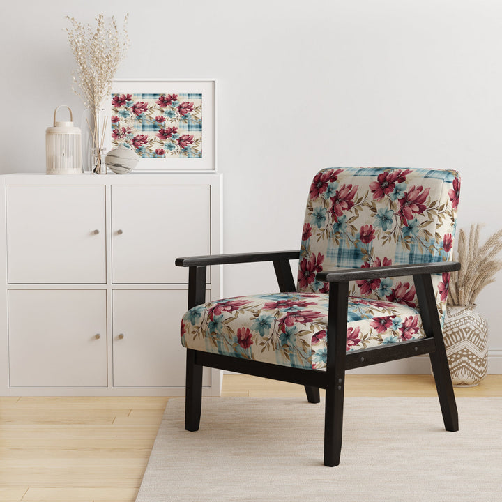 Bohemian Pink And Blue Plaid Flower Pattern - Upholstered Vintage Accent Chairs