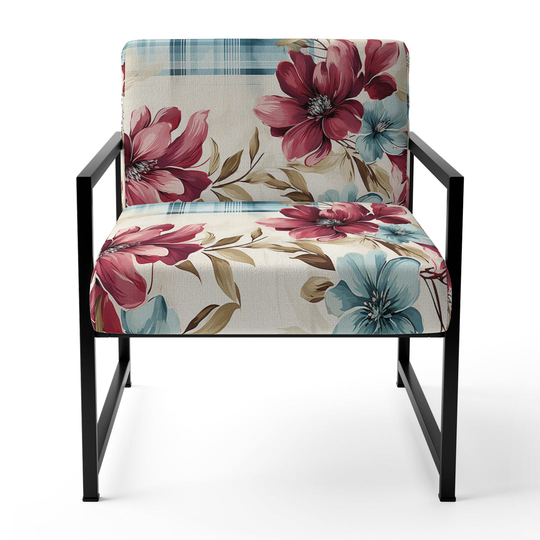 Bohemian Pink And Blue Plaid Flower Pattern - Upholstered Vintage Accent Chairs