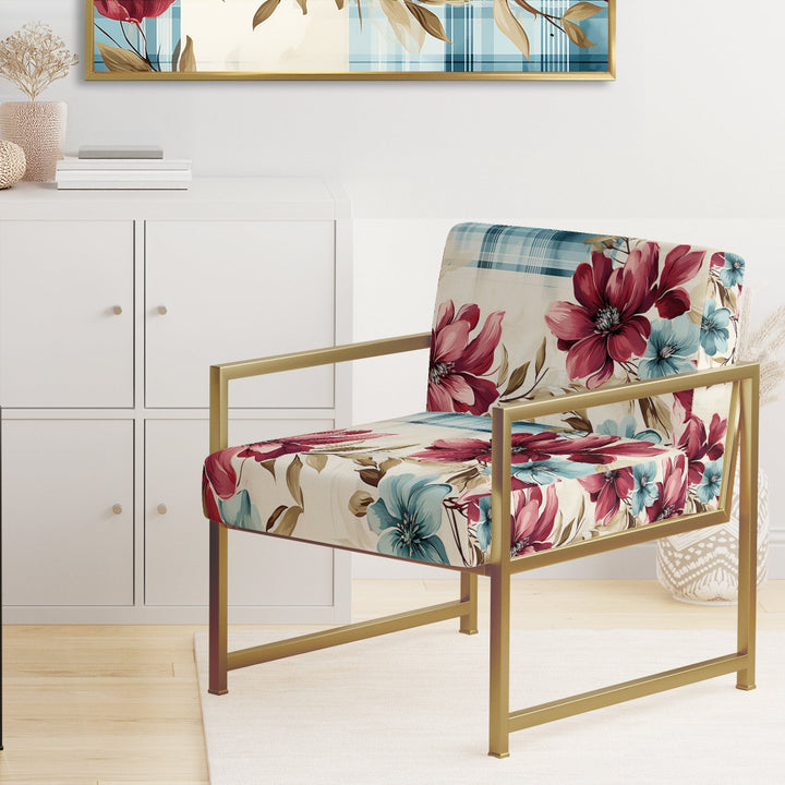 Bohemian Pink And Blue Plaid Flower Pattern - Upholstered Vintage Accent Chairs
