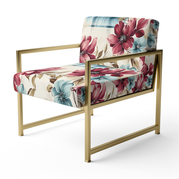 Bohemian Pink And Blue Plaid Flower Pattern - Upholstered Vintage Accent Chairs