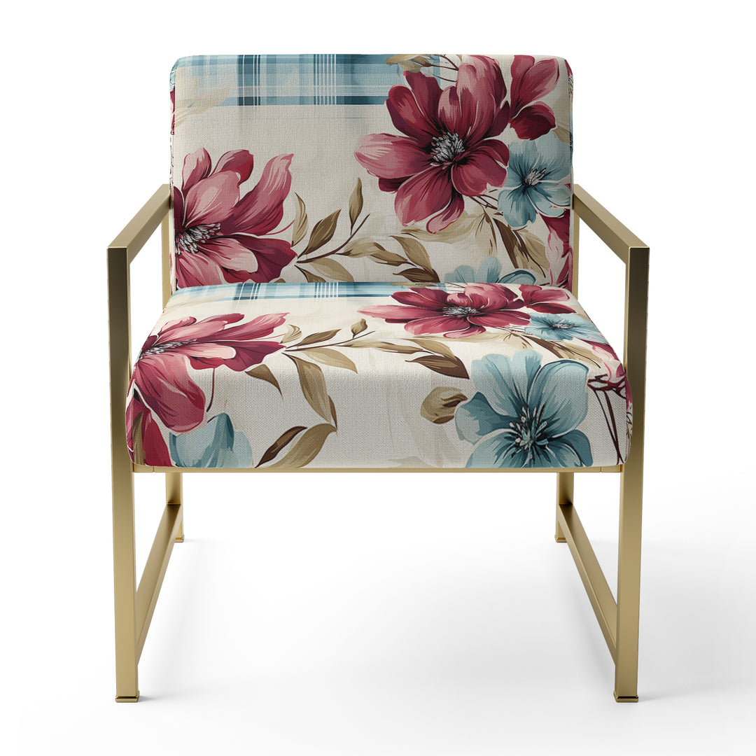 Bohemian Pink And Blue Plaid Flower Pattern - Upholstered Vintage Accent Chairs