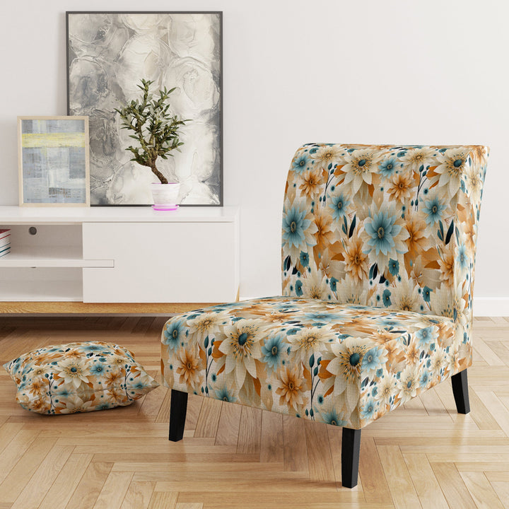 Blue And Beige Geometric Floral Fusion Elegance - Cottage Arm Chair