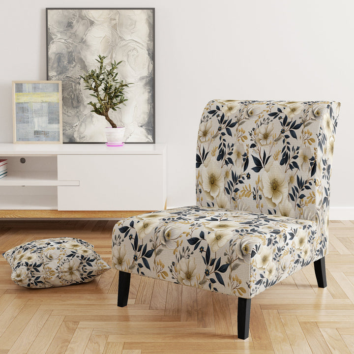 White Poppies Floral Tranquility - Cottage Accent Slipper Chair
