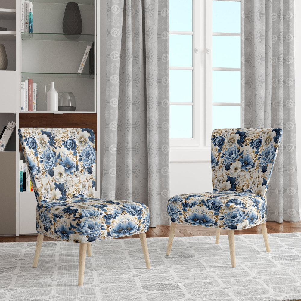 Blue And White Exotic Floral Canvas - Upholstered Cottage Accent Chairs
