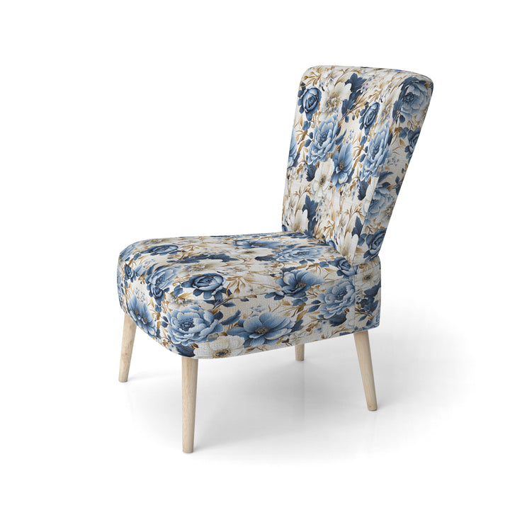 Blue And White Exotic Floral Canvas - Upholstered Cottage Accent Chairs