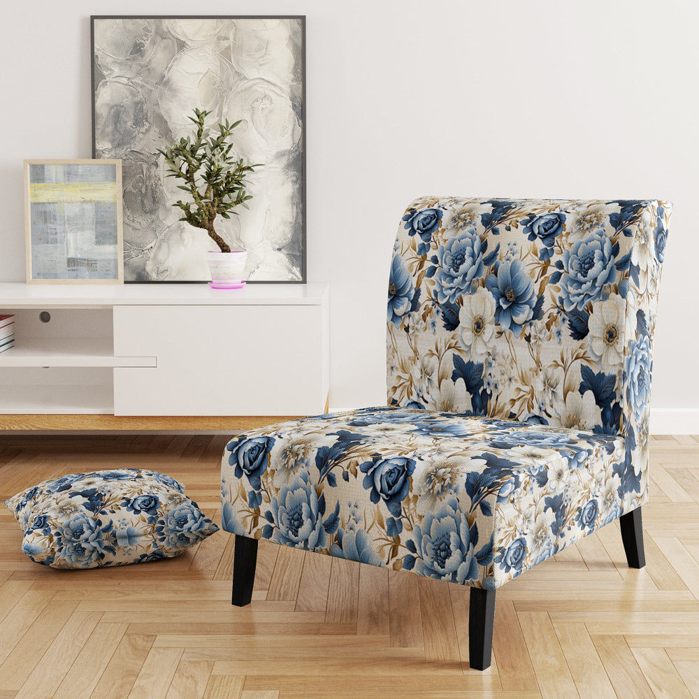 Blue And White Exotic Floral Canvas - Upholstered Cottage Accent Chairs