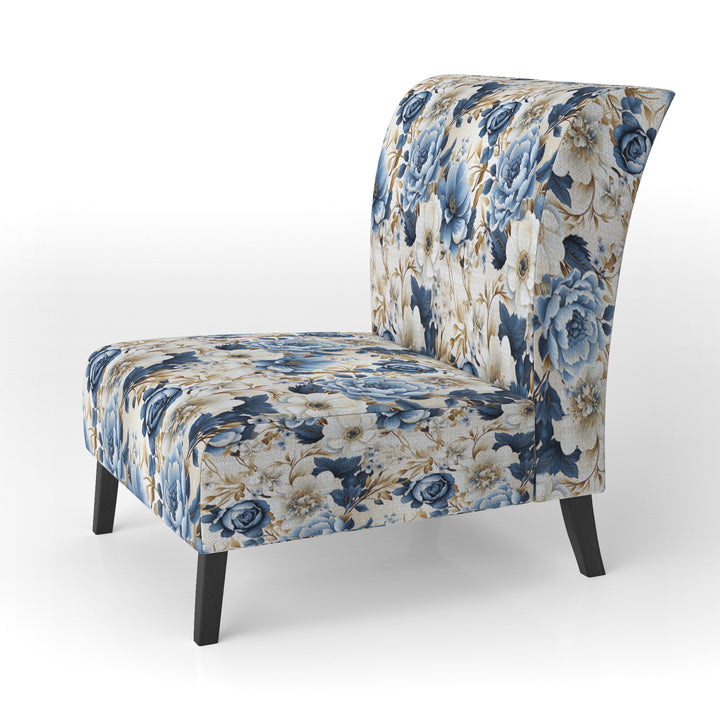 Blue And White Exotic Floral Canvas - Upholstered Cottage Accent Chairs