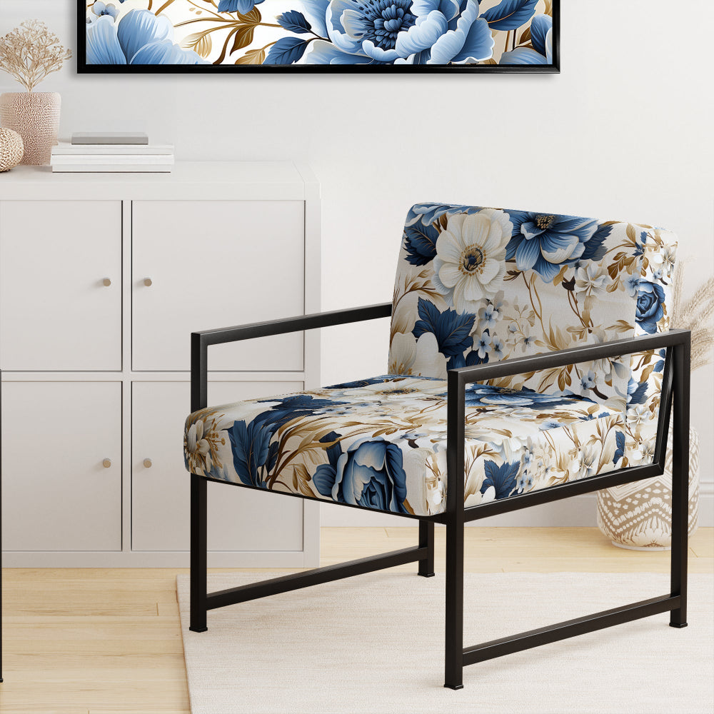 Blue And White Exotic Floral Canvas - Upholstered Cottage Accent Chairs
