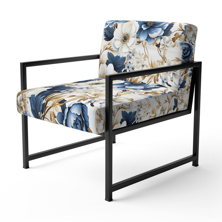 Blue And White Exotic Floral Canvas - Upholstered Cottage Accent Chairs