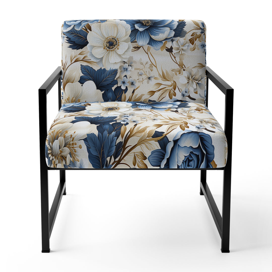 Blue And White Exotic Floral Canvas - Upholstered Cottage Accent Chairs