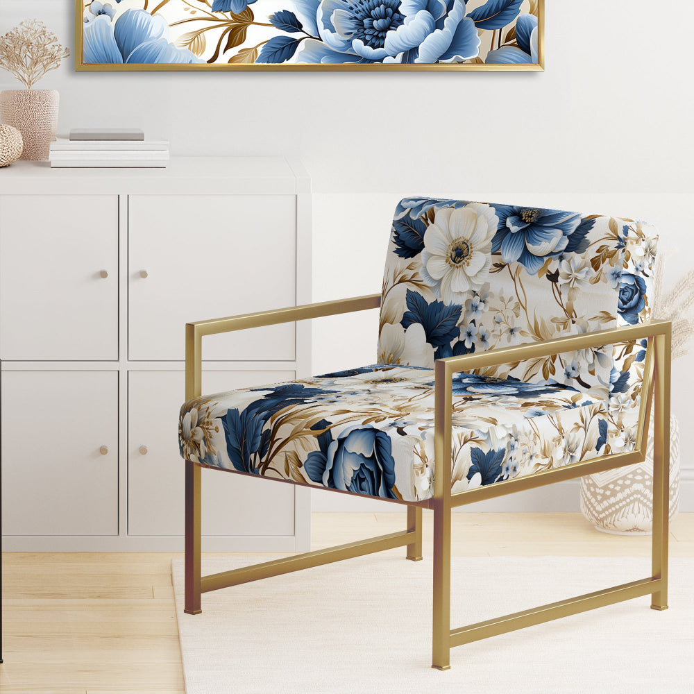 Blue And White Exotic Floral Canvas - Upholstered Cottage Accent Chairs