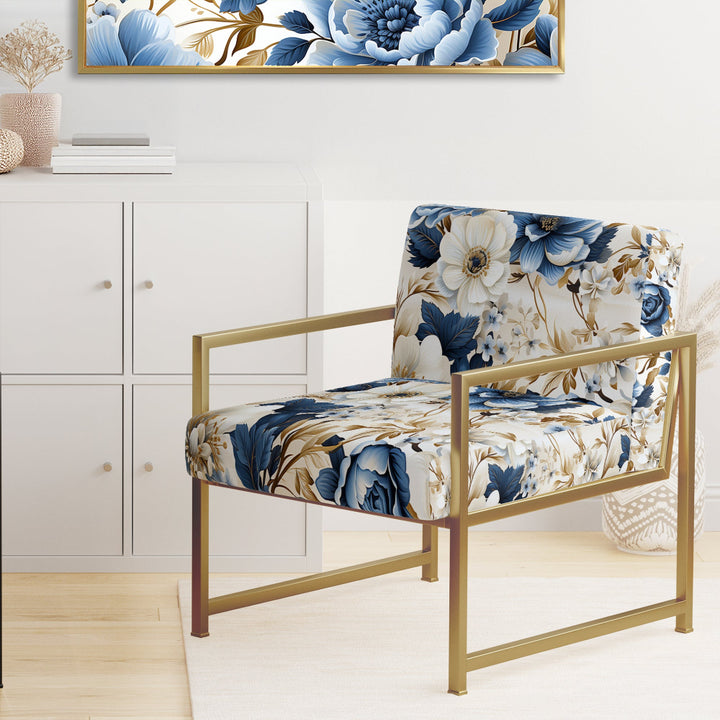 Blue And White Exotic Floral Canvas - Upholstered Cottage Accent Chairs