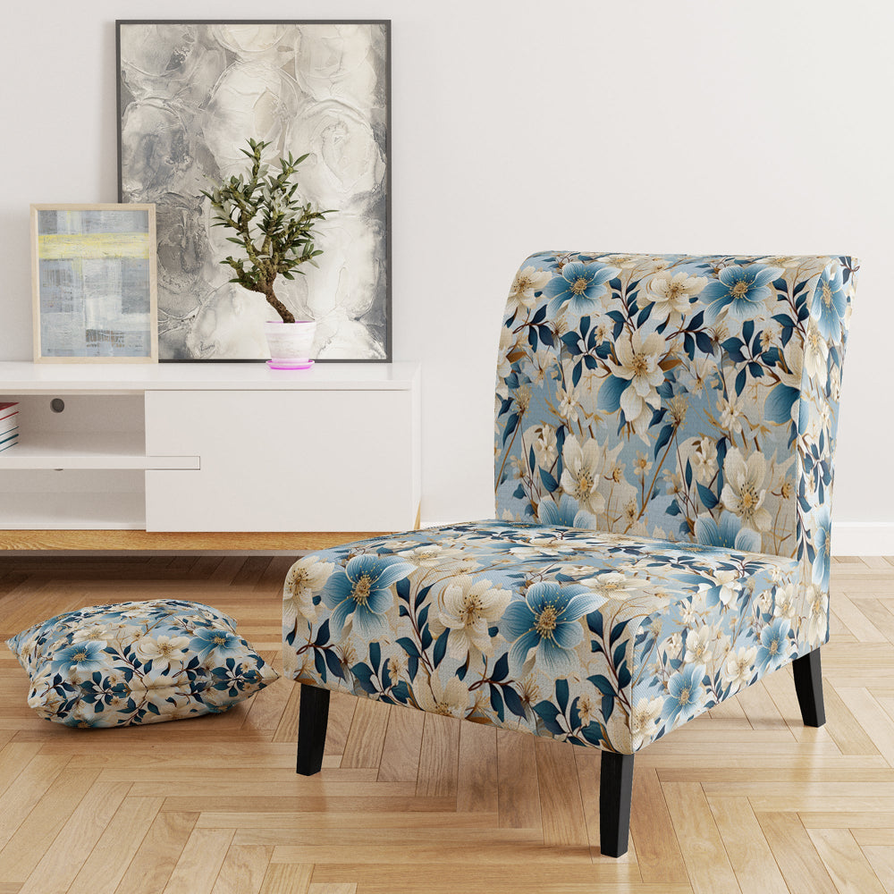 White And Blue Blossoms Floral Pattern - Cottage Arm Chair