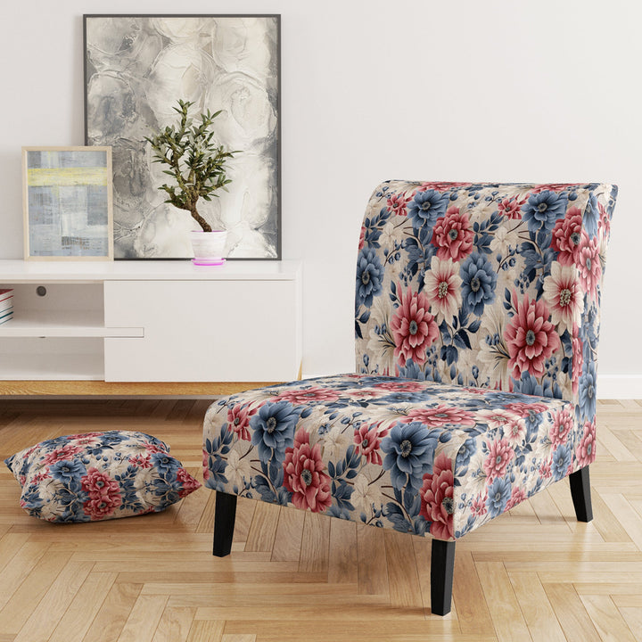 Pink And Blue Farmhouse Flowers Pattern - Cottage Accent Slipper Chair