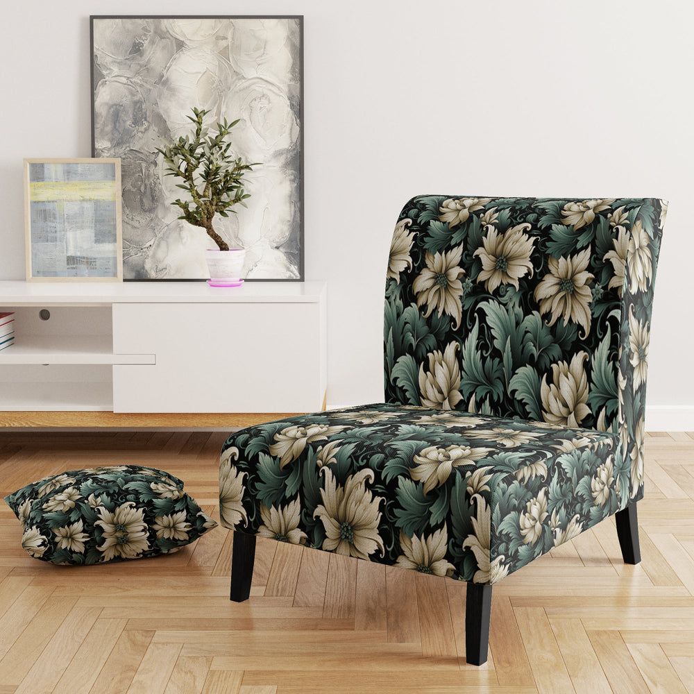 Green And Beige Intriguing Beauty Floral Pattern - Cottage Accent Slipper Chair