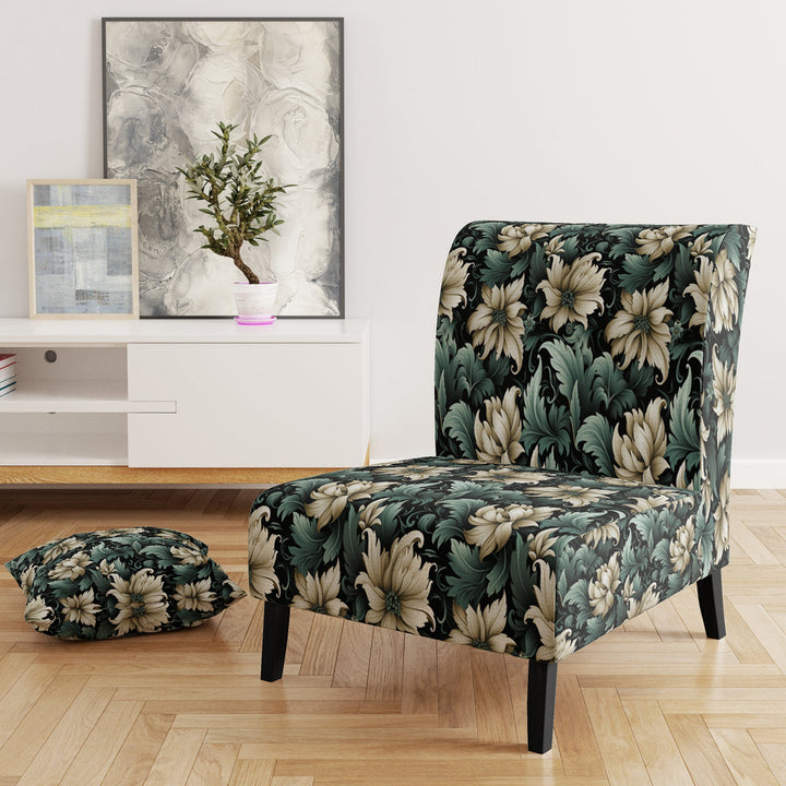 Green And Beige Intriguing Beauty Floral Pattern - Cottage Accent Slipper Chair