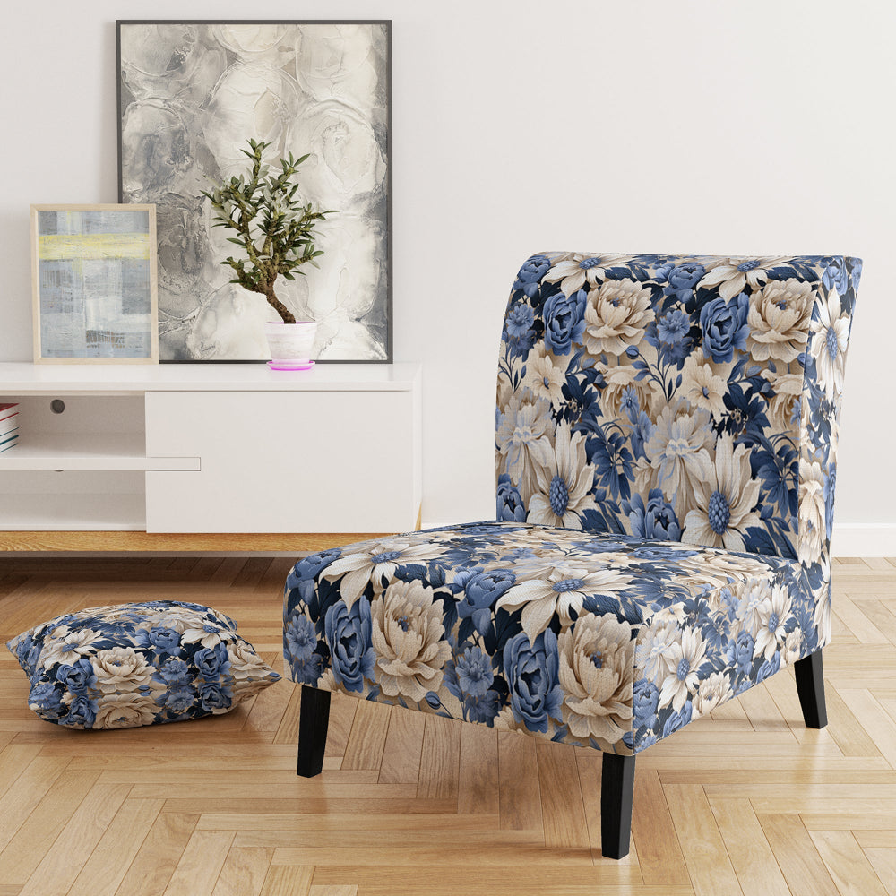Beige And Blue Farmhouse Floral Pattern - Upholstered Cottage Accent Chairs