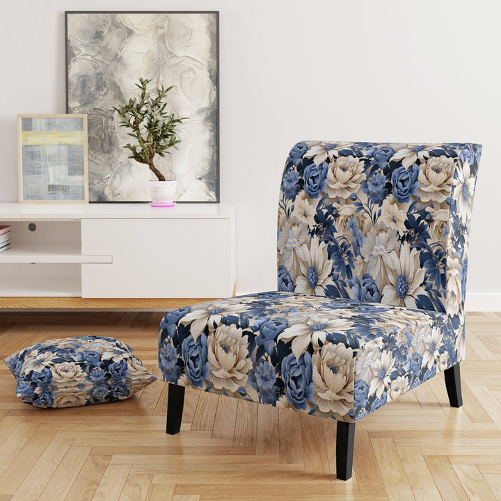 Beige And Blue Farmhouse Floral Pattern - Upholstered Cottage Accent Chairs