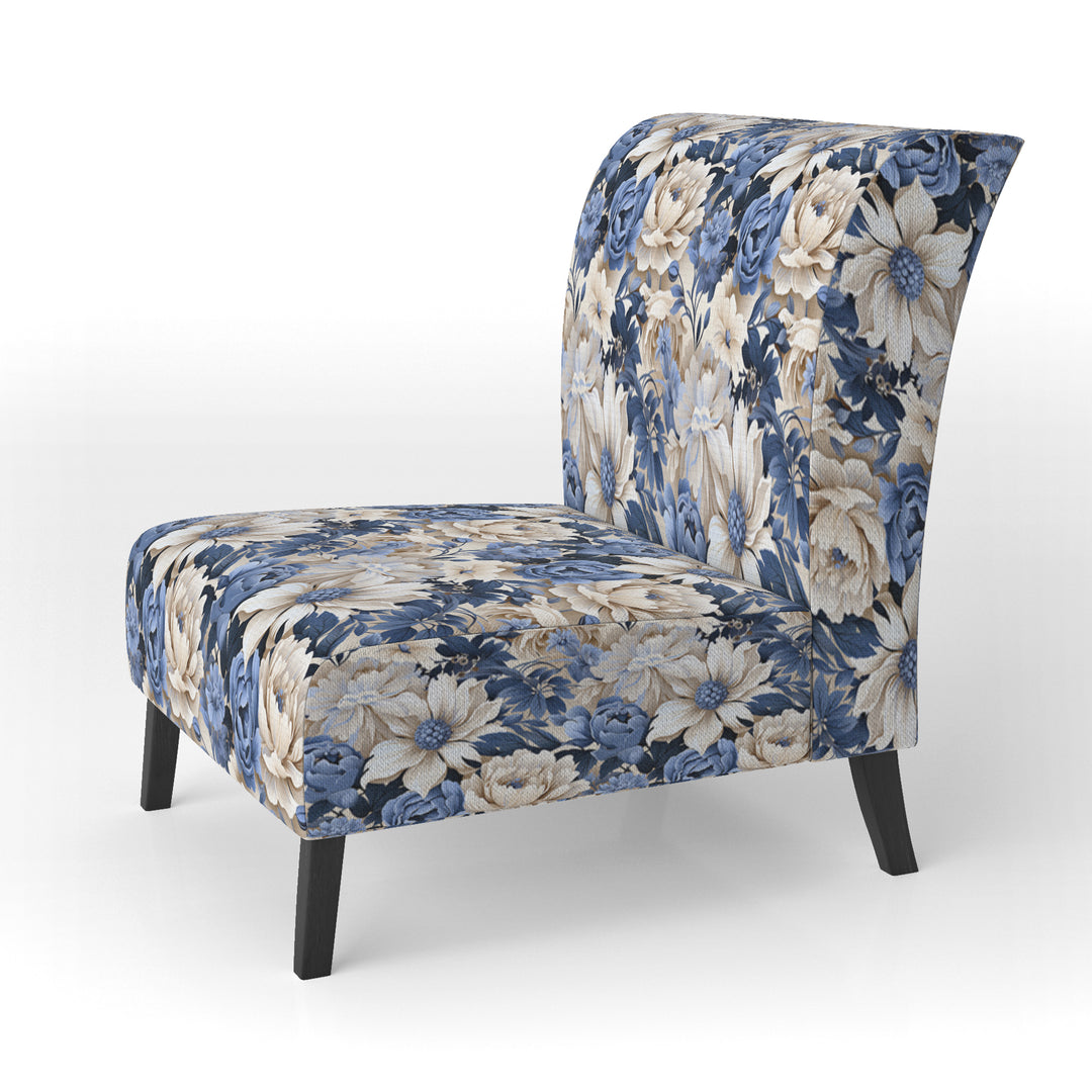 Beige And Blue Farmhouse Floral Pattern - Upholstered Cottage Accent Chairs