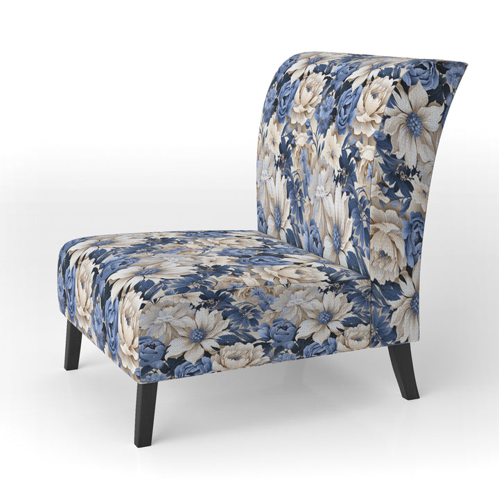 Beige And Blue Farmhouse Floral Pattern - Upholstered Cottage Accent Chairs