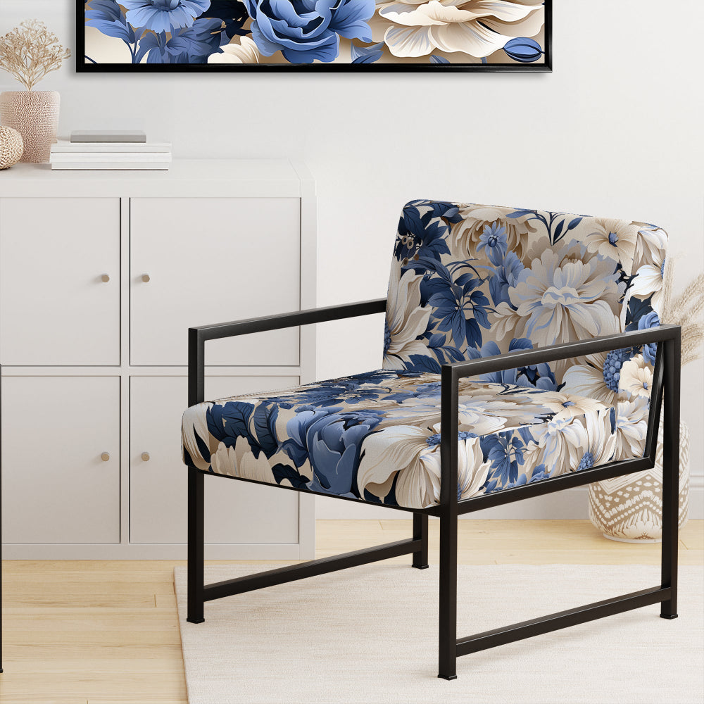 Beige And Blue Farmhouse Floral Pattern - Upholstered Cottage Accent Chairs