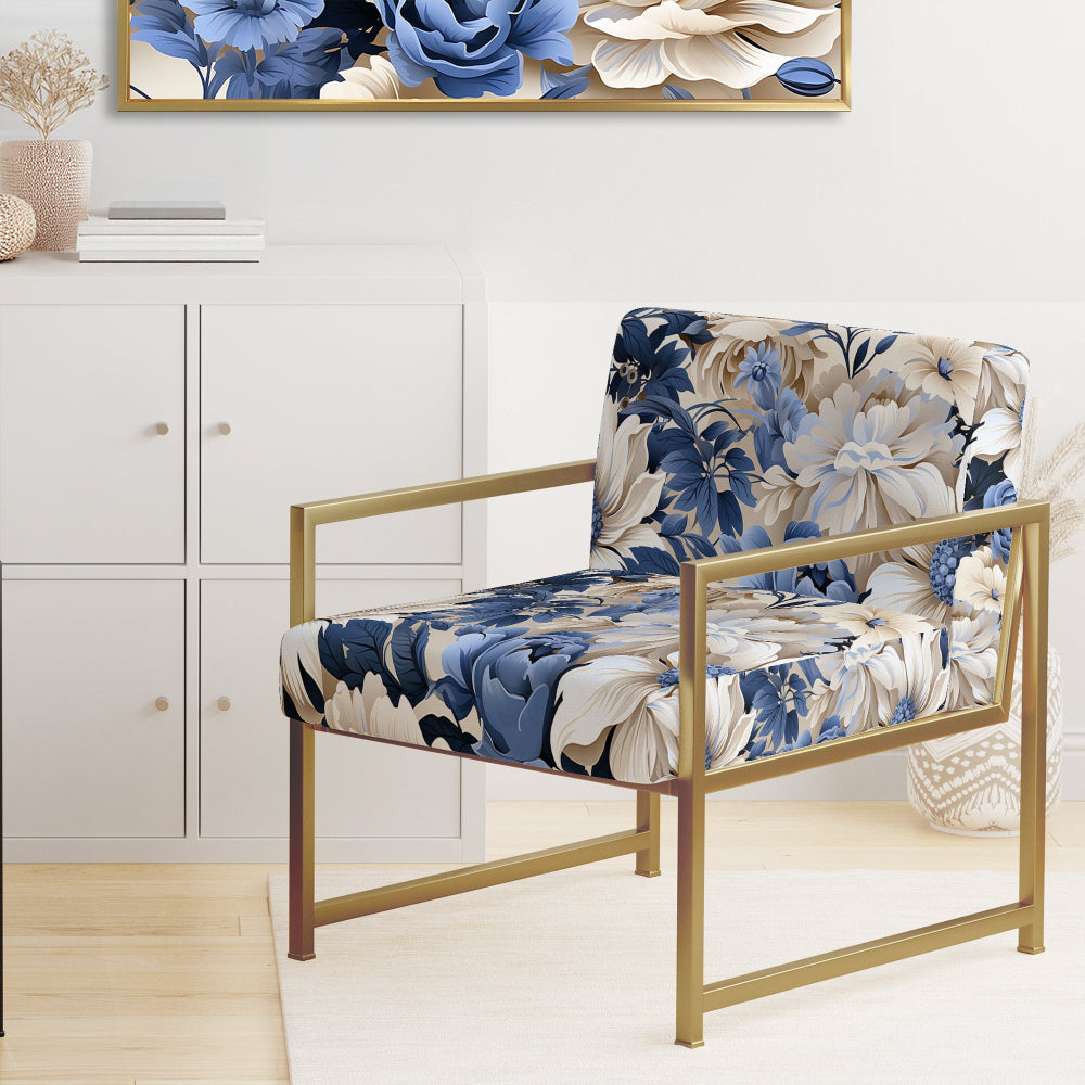 Beige And Blue Farmhouse Floral Pattern - Upholstered Cottage Accent Chairs