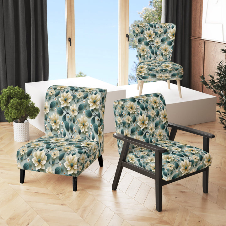 Teal &amp; Ivory Coastal Elegance Floral Pattern - Upholstered Cottage Accent Chairs
