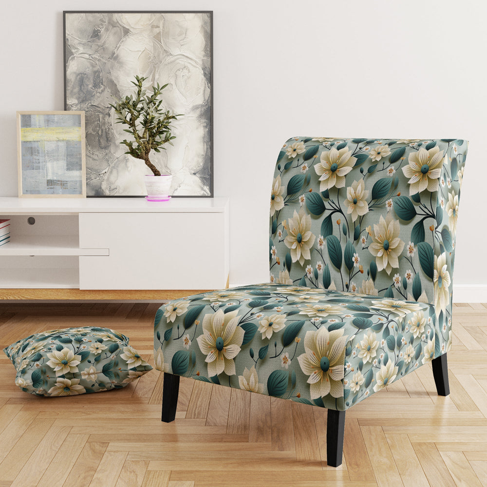 Teal &amp; Ivory Coastal Elegance Floral Pattern - Upholstered Cottage Accent Chairs