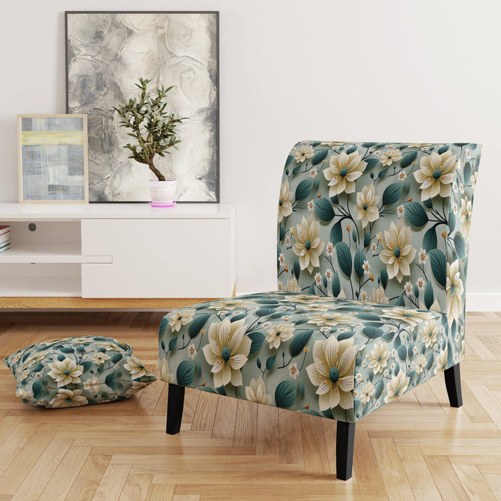 Teal &amp; Ivory Coastal Elegance Floral Pattern - Upholstered Cottage Accent Chairs