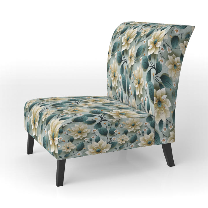 Teal &amp; Ivory Coastal Elegance Floral Pattern - Upholstered Cottage Accent Chairs