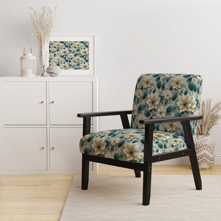 Teal &amp; Ivory Coastal Elegance Floral Pattern - Upholstered Cottage Accent Chairs