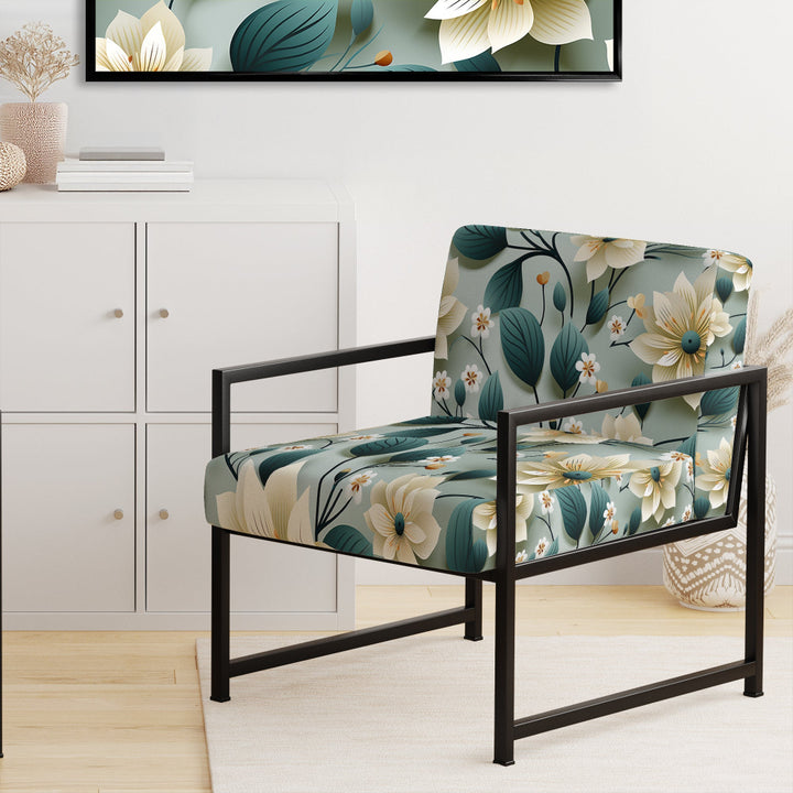 Teal &amp; Ivory Coastal Elegance Floral Pattern - Upholstered Cottage Accent Chairs
