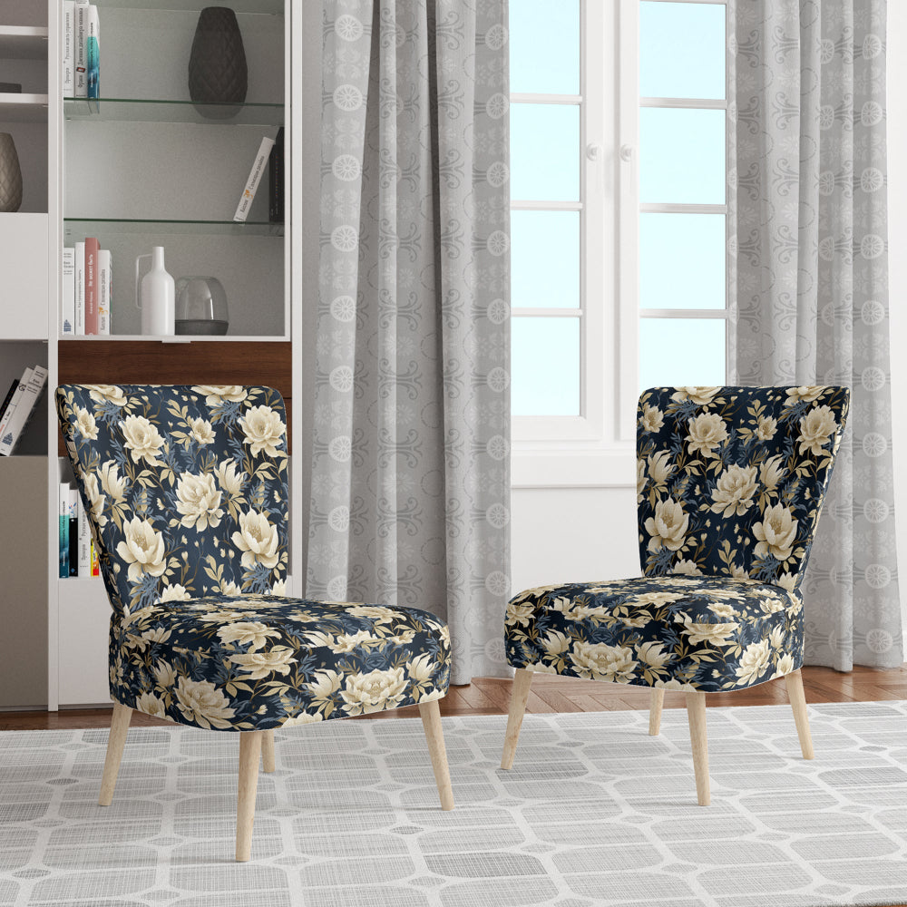 Industrial Ivory &amp; Blue Fusion Floral Pattern - Upholstered Cottage Accent Chairs