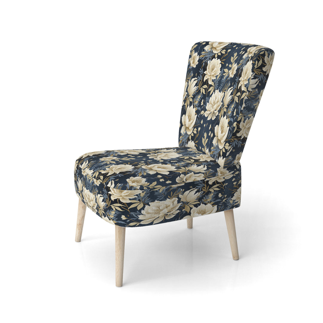 Industrial Ivory &amp; Blue Fusion Floral Pattern - Upholstered Cottage Accent Chairs