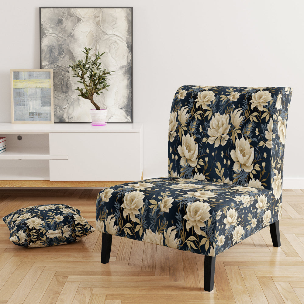 Industrial Ivory &amp; Blue Fusion Floral Pattern - Upholstered Cottage Accent Chairs