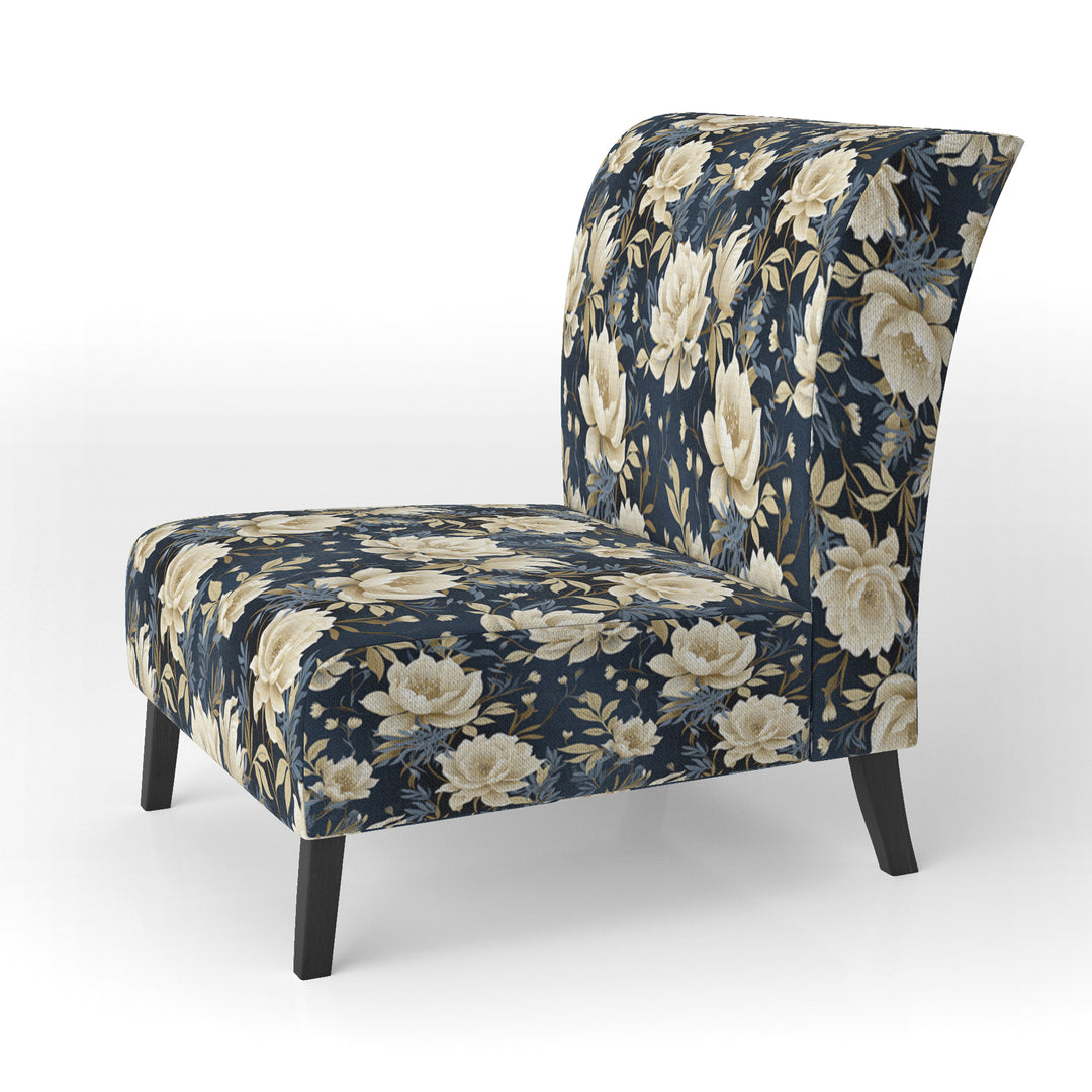 Industrial Ivory &amp; Blue Fusion Floral Pattern - Upholstered Cottage Accent Chairs