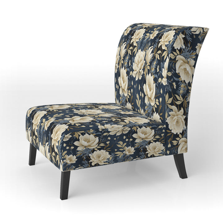 Industrial Ivory &amp; Blue Fusion Floral Pattern - Upholstered Cottage Accent Chairs