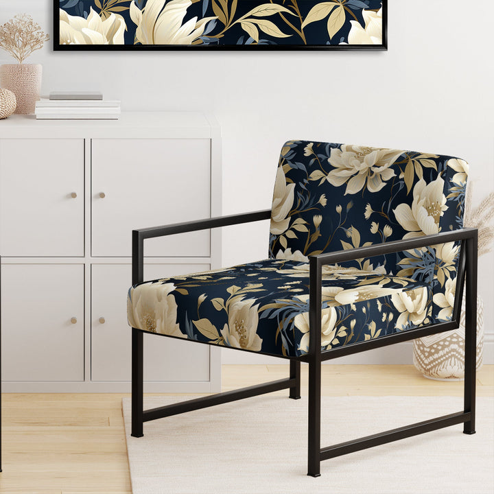 Industrial Ivory &amp; Blue Fusion Floral Pattern - Upholstered Cottage Accent Chairs